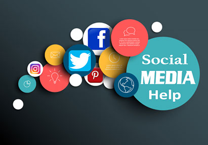Social Media Help graphic showing the various social media options like Facebook, Twitter, Pinterest, Instagram, Email and Websites.